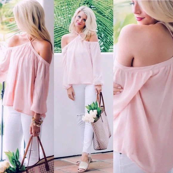 NWT 1. State Revolve Off the Shoulder Sheer Crepe Chiffon Top Pink Taffeta Small - Picture 11 of 16